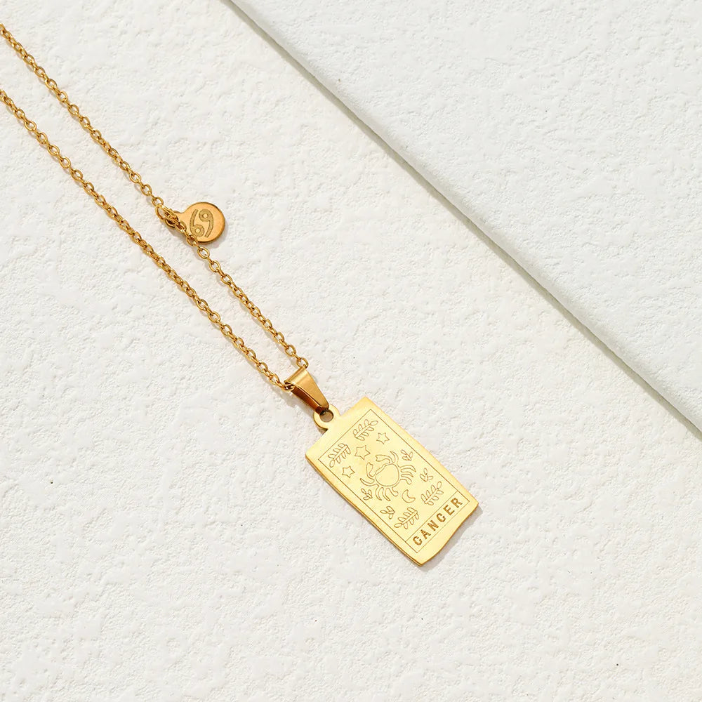 Stainless Steel Square Tarot Card Pendant Women Necklace Twelve Constellations Gold-Plated Clavicle Chain Horoscope Gifts
