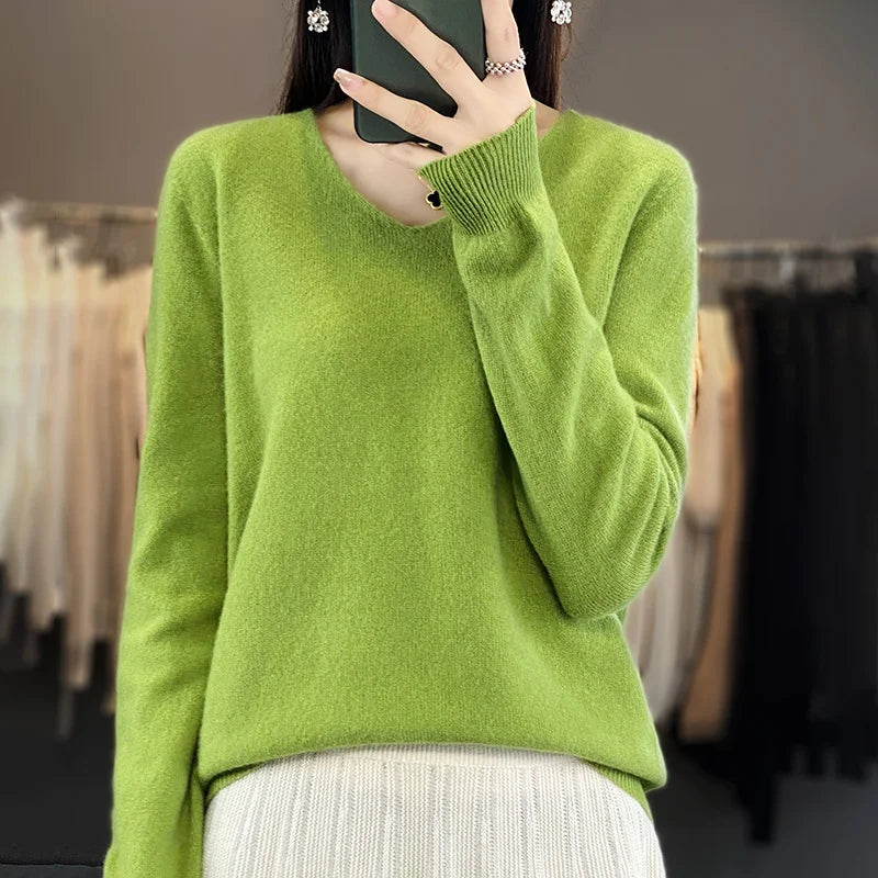 Sweater For Women 100% Merino Wool V Neck Sweater Fall Winter Basic Warm Pullovers Long Sleeve Soft Knit Jumpers Female Clothing