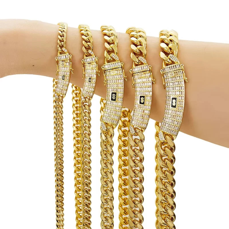 6-14mm Gold Color Stainless Steel Cuban Miami Chains Necklaces CZ Zircon Box Lock Link Chain for Unisex Hip Hop Rapper Jewelry