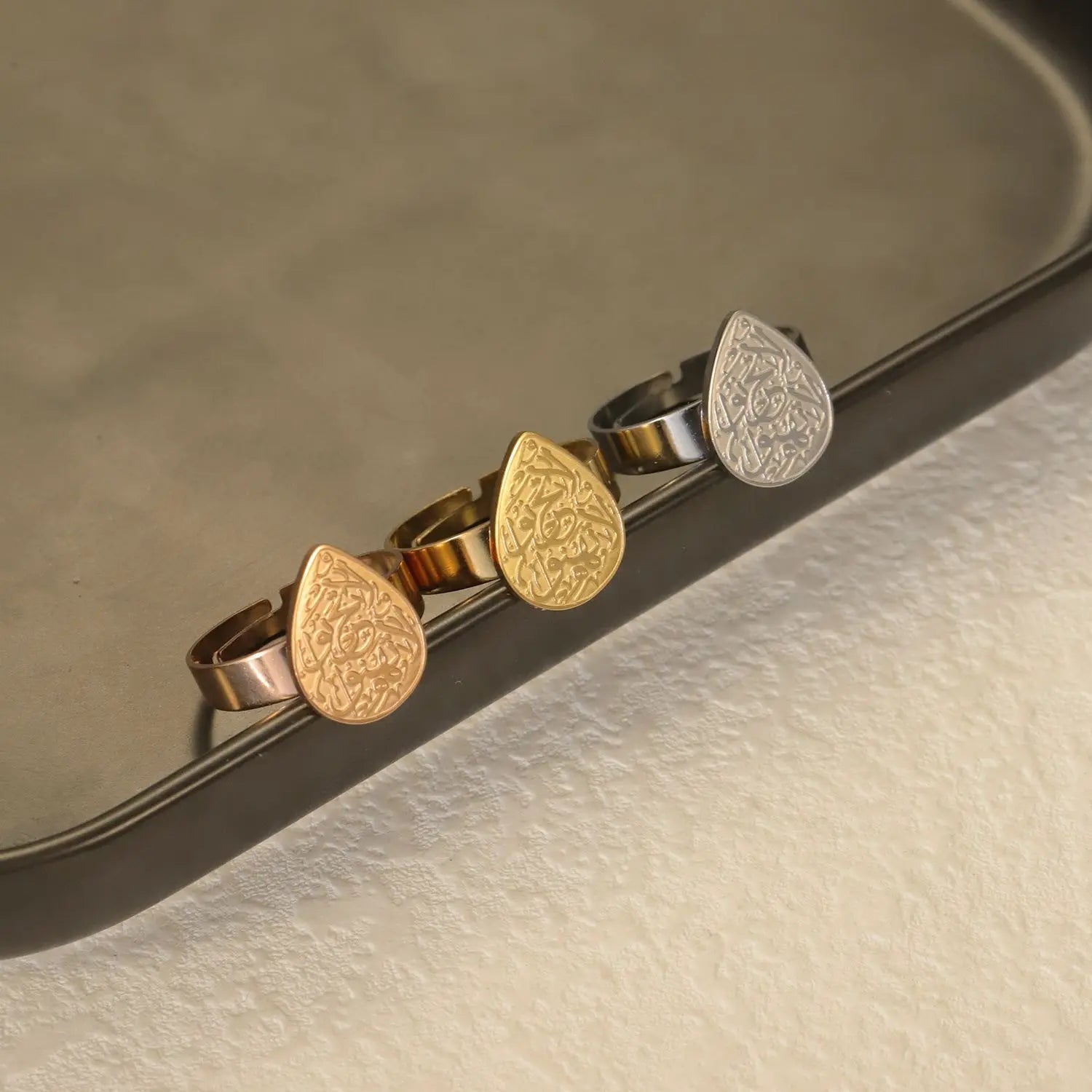 Arabic Calligraphy Ring Water Drop 18K Gold Plated Stainless Steel Adjustable Couple Ring Islamic Muslim Ring Souvenir For Lover