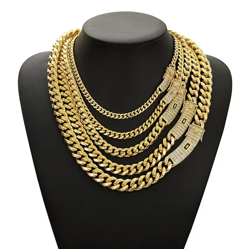6-14mm Gold Color Stainless Steel Cuban Miami Chains Necklaces CZ Zircon Box Lock Link Chain for Unisex Hip Hop Rapper Jewelry
