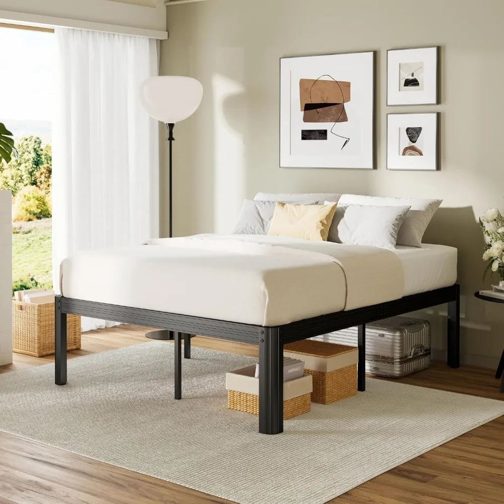 18 Inch Heavy Duty Queen Bed Frame No Box Spring Needed, 3500lbs Weight Capacity Metal Bed Frame Queen Size, Reinforced Metal, E