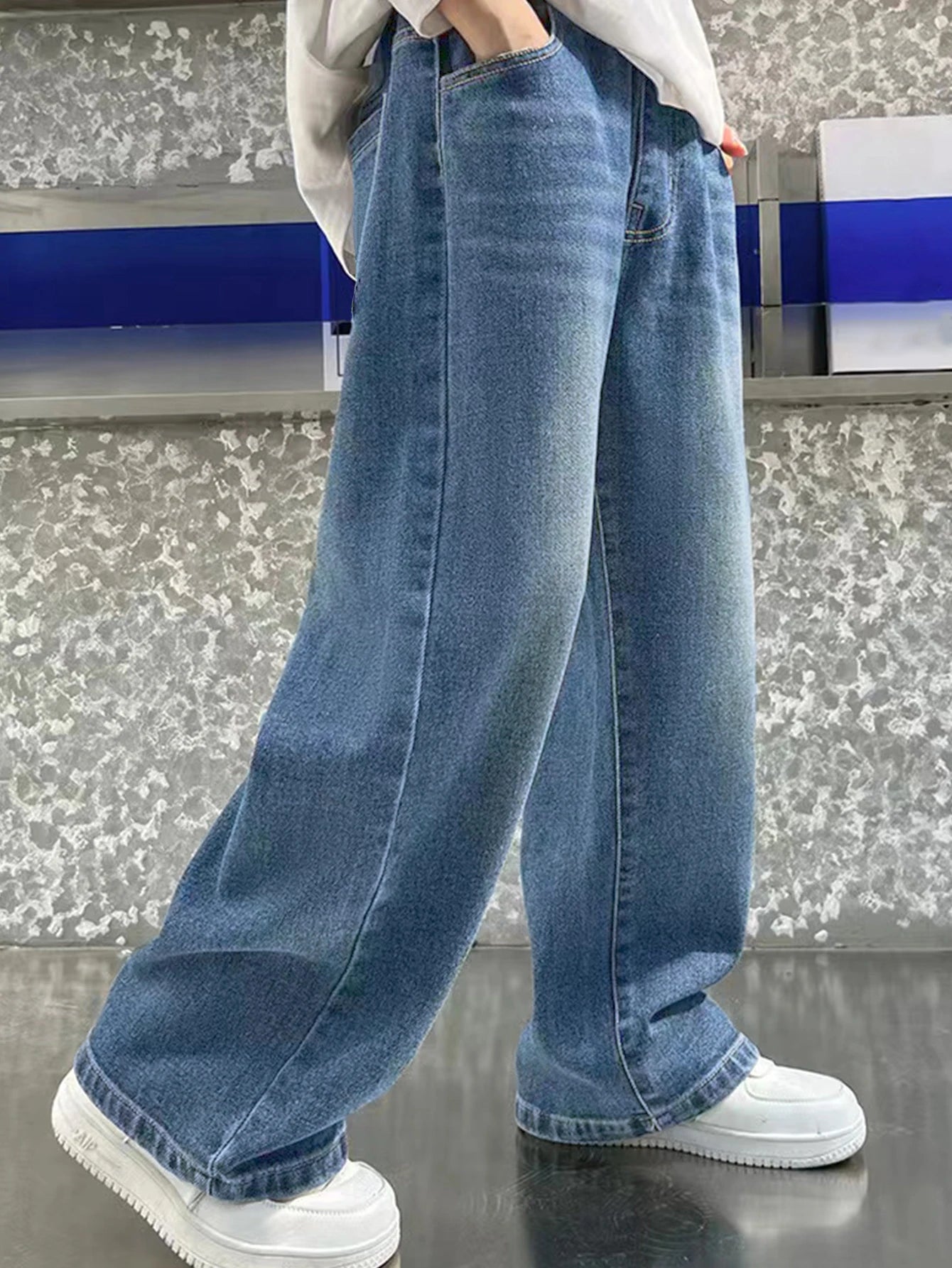 Loose vintage washed preppy-style straight-leg casual wide-leg long jeans for teenage boys