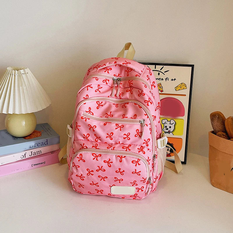 3Pcs/Set Bow Print Backpack with Crossbody Bag and Small Purse Bow Student Bookbag Cute Laptop Backpack for Teens Girls