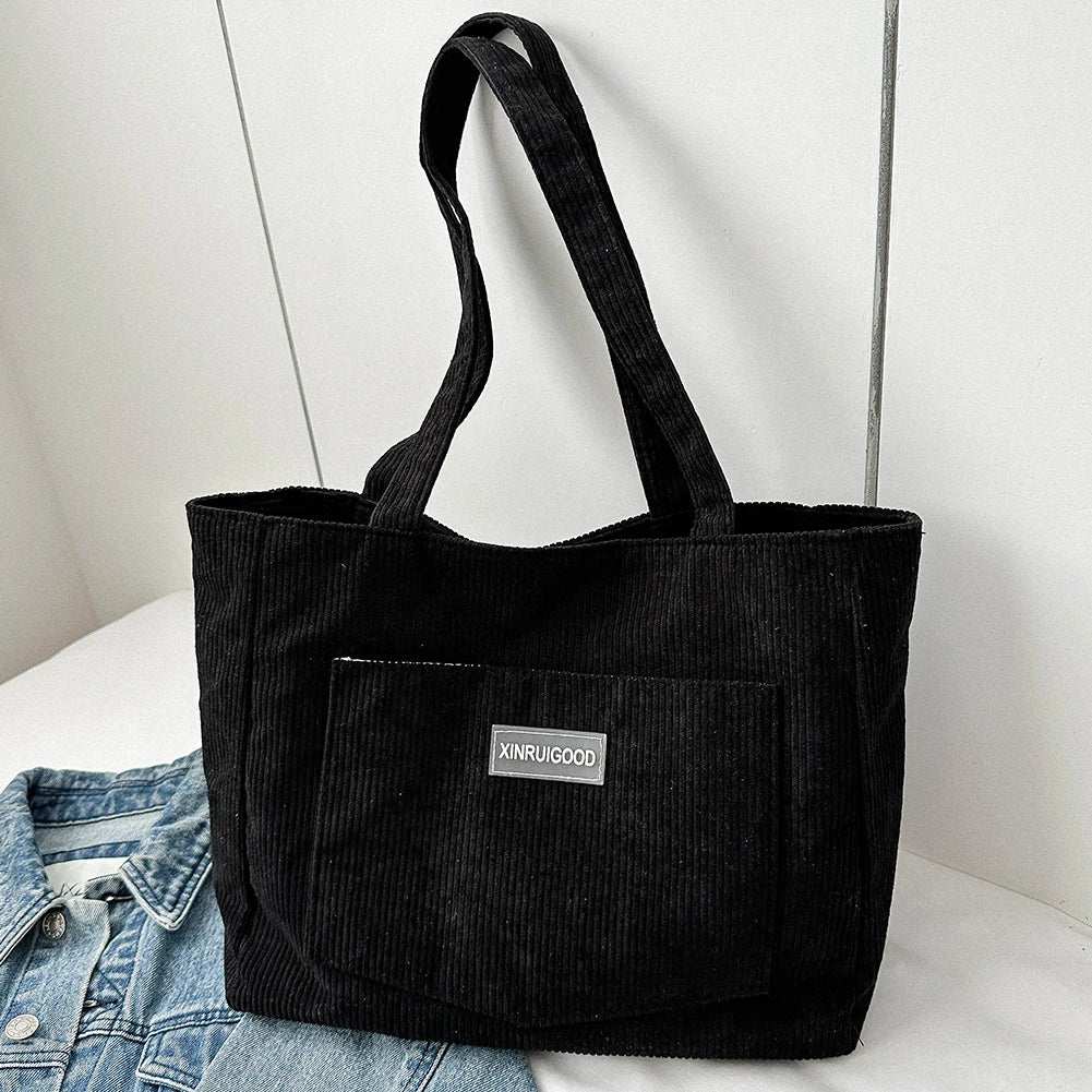 Women Large Capacity Shoulder Bags with Pockets Compartments Cord Tote Bag Solid Hobos Bag for School Work Shopping
