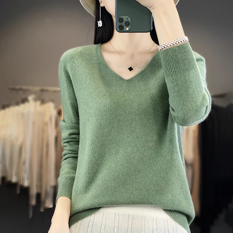 Sweater For Women 100% Merino Wool V Neck Sweater Fall Winter Basic Warm Pullovers Long Sleeve Soft Knit Jumpers Female Clothing