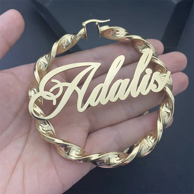 Lateefah 70MM Custom English Name Great Wall Thread Hip Hop Exaggerated Large Ear Loop DIY Letter Earrings Jewelry