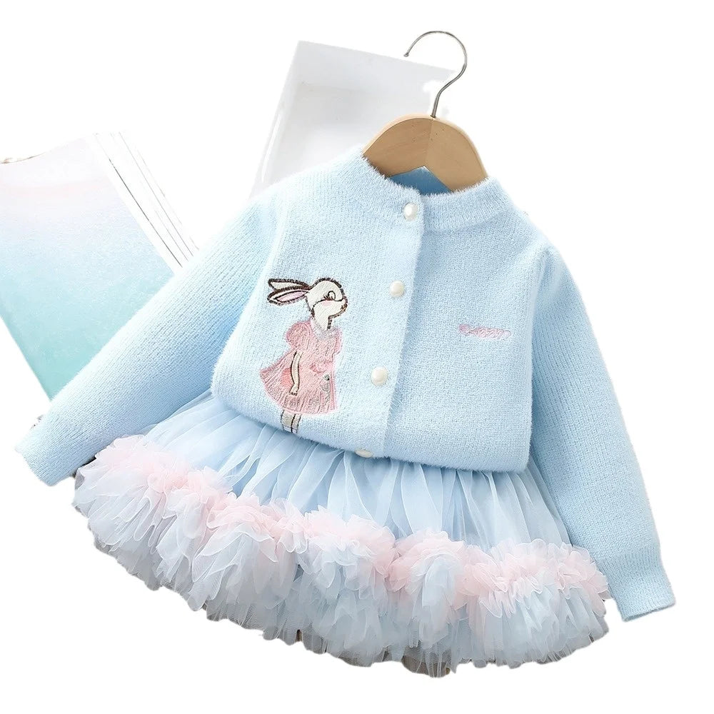 Girl Clothes Set Girls Suits Sweater Cardigan Tutu Tulle Skirt Mesh Ball Gown Baby Toddler Girl Clothing Kids Children Outfit