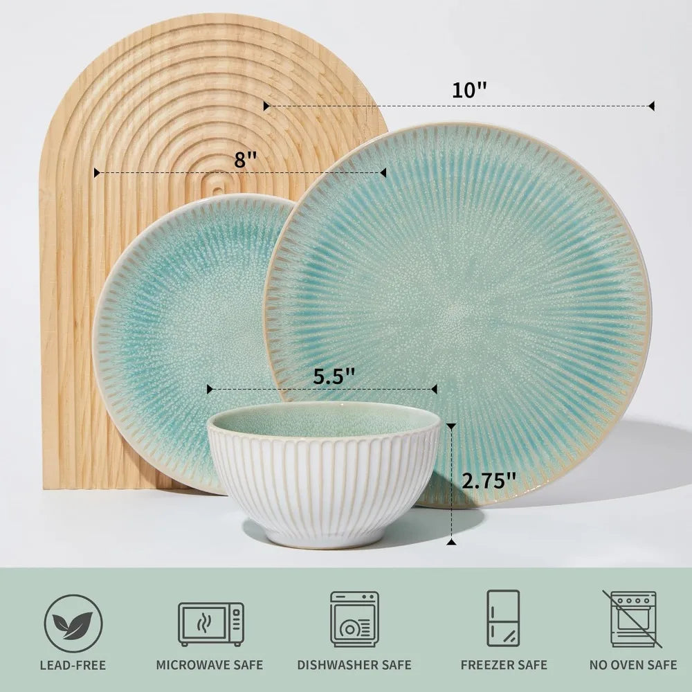 Round Reactive Glazed Stoneware Dinnerware Set, Microwave and Dishwasher Safe Ceramic Plates and Bowls Collection