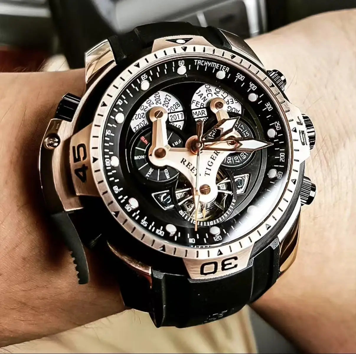 reeftiger Men's Mechanical Watch, Fully automatic multi-functional double calendar Business men's watch, Men's clock RGA3503