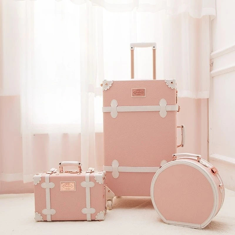 Vintage Style Luggage Carry On Trolley Suitcase With 360° Wheels For Women Men In Pink 20 22 24 26 Inch Cute Retro Travel Bag
