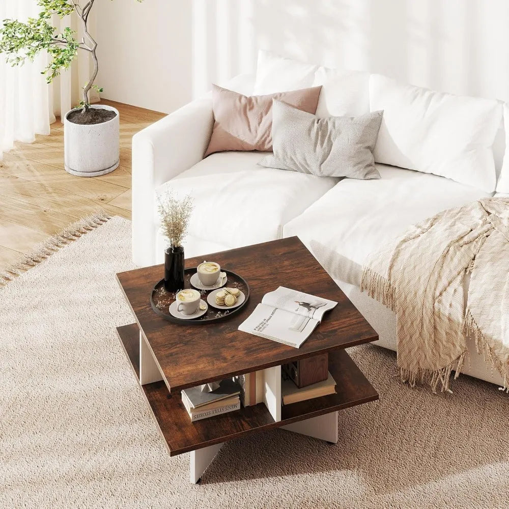 Modern 2-Tier Square Coffee Table with Storage and X-Shaped Base by GOFLAME