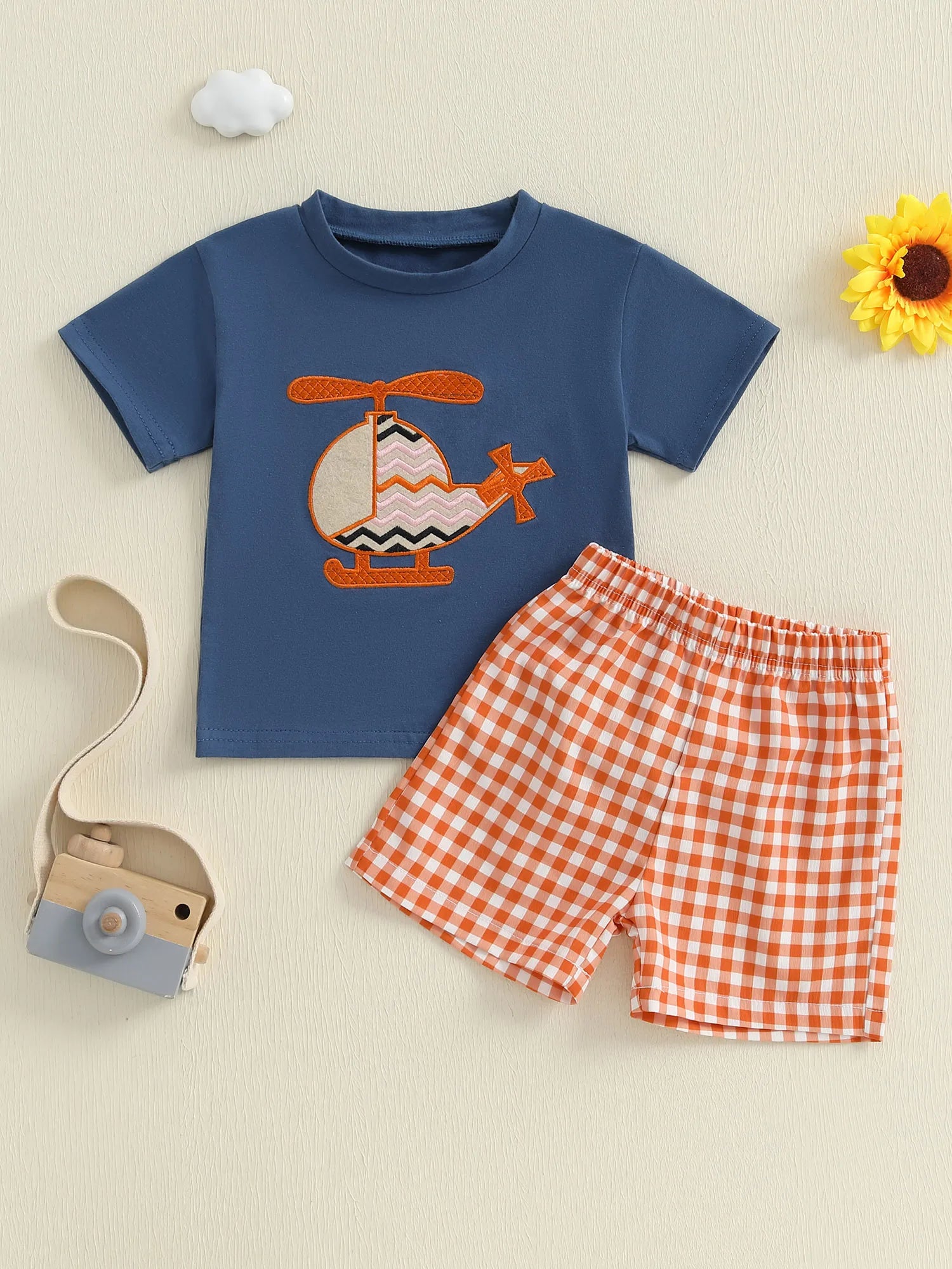 Baby Boy Casual Outfit Dinosaur Print Short Sleeve Crew Neck T-Shirt Denim Shorts 2Pcs Set for Summer Wear