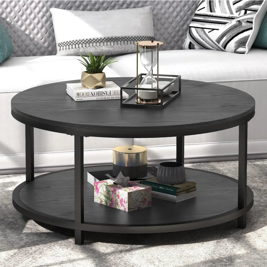 Round Coffee Table Black 35.8 Circle Coffee Tables for Living Room Rustic Industrial Design with Sturdy Metal Frame Legs and Op