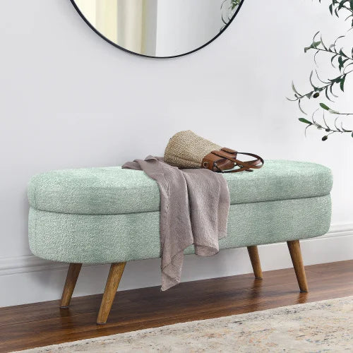 43.8" Boucle Storage Ottoman Bench, 300 Lb Capacity, Upholstered, Safety Hinge, Flip-Top Oval Foot Rest With Wood Legs