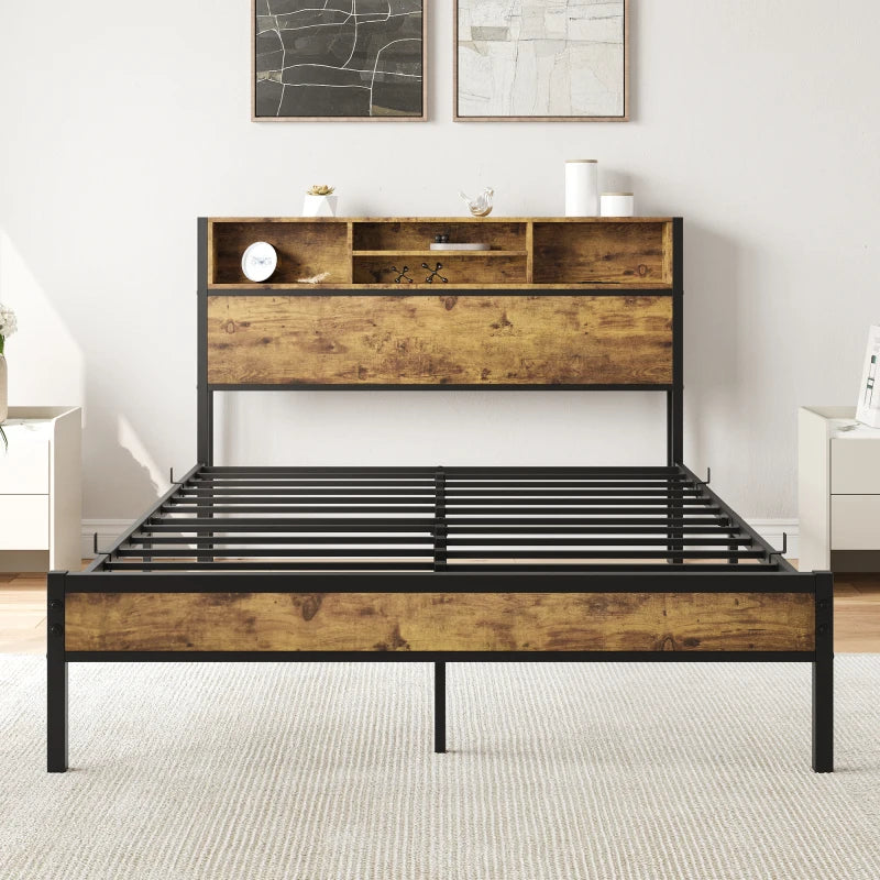 Full Size Frame Storage Headboard Metal Platform Bed With Charging Station Bookcase Storage No Box Spring Needed Easy Assembly
