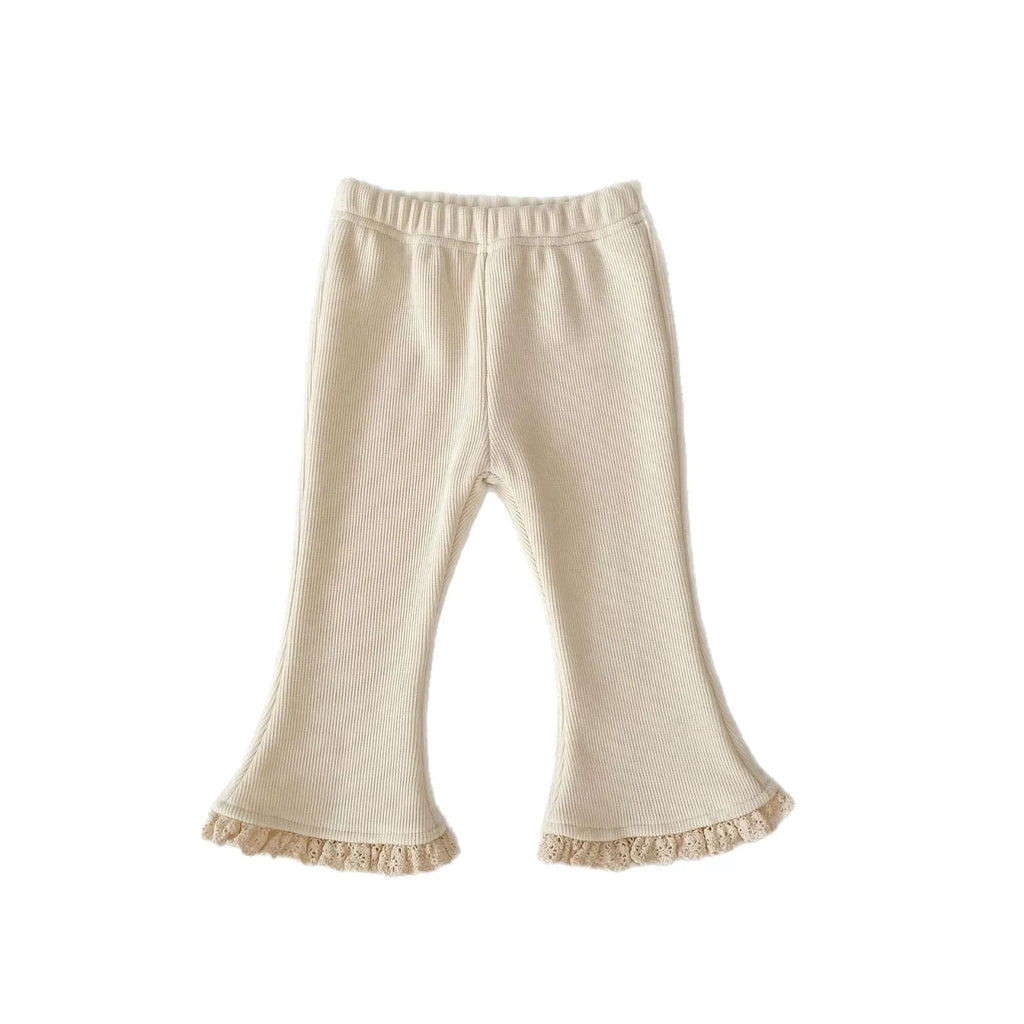 2025 Autumn Collection Girls' Velvet Bellbottom Pants with Western Style Lace Pants, Versatile Warm Baby Girls' Casual Pants