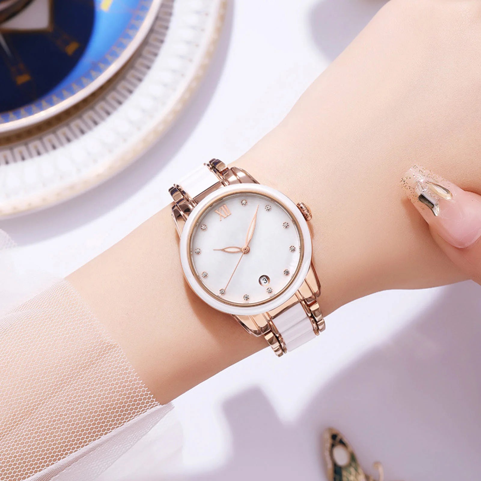Women Quartz Watch Rhinestone Decoration Ceramic Stainless Steel Band Water Resistant Portable Wrist Watch with Date Rose Gold