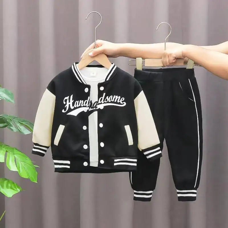 Boys' autumn letter baseball single-breasted jacket+round neck printed cotton long sleeve+striped sweatpants 3Pcs suit