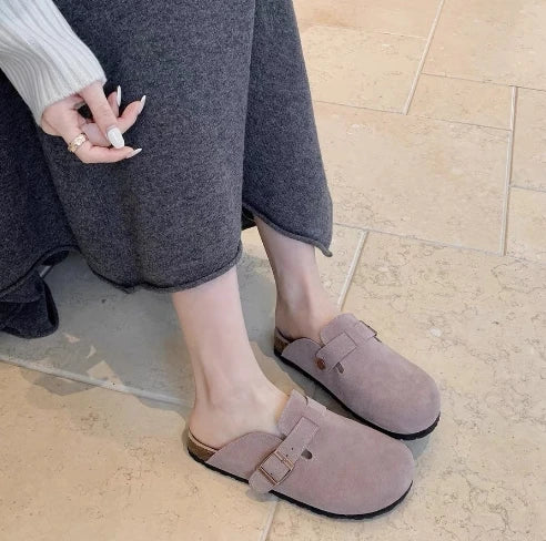 Leather Slippers Women Summer Luxury Sandals Baotou Cork Bottom Half Slippers Outside Cow Suede Flat Slippers Womens Shoes