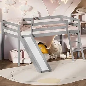 low loft bed with slide, wood twin loft bed frame with climbing ladder & storage space for kids toddler (grey)