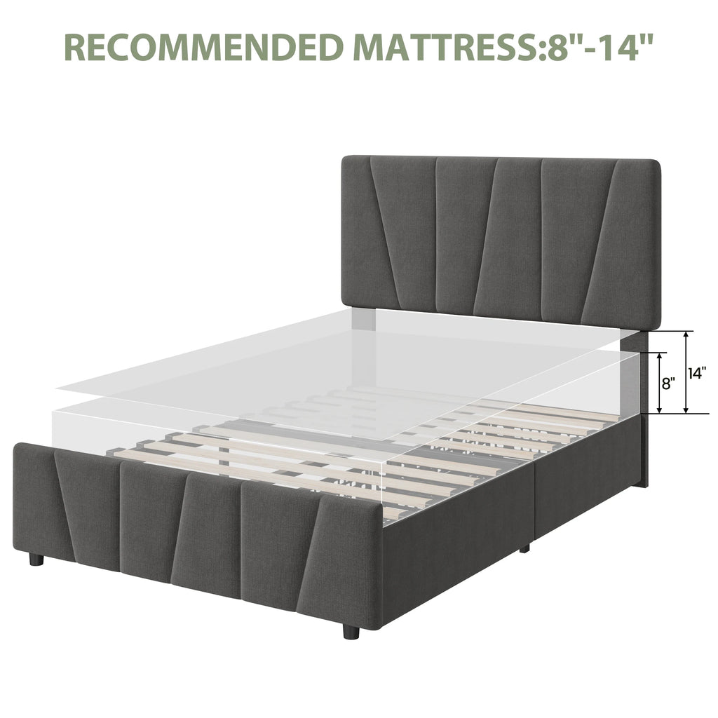 Full Size Bed Frame with Adjustable Headboard and 4 Storage Drawers, Upholstered Platform Bed Frame Wooden Slats Support