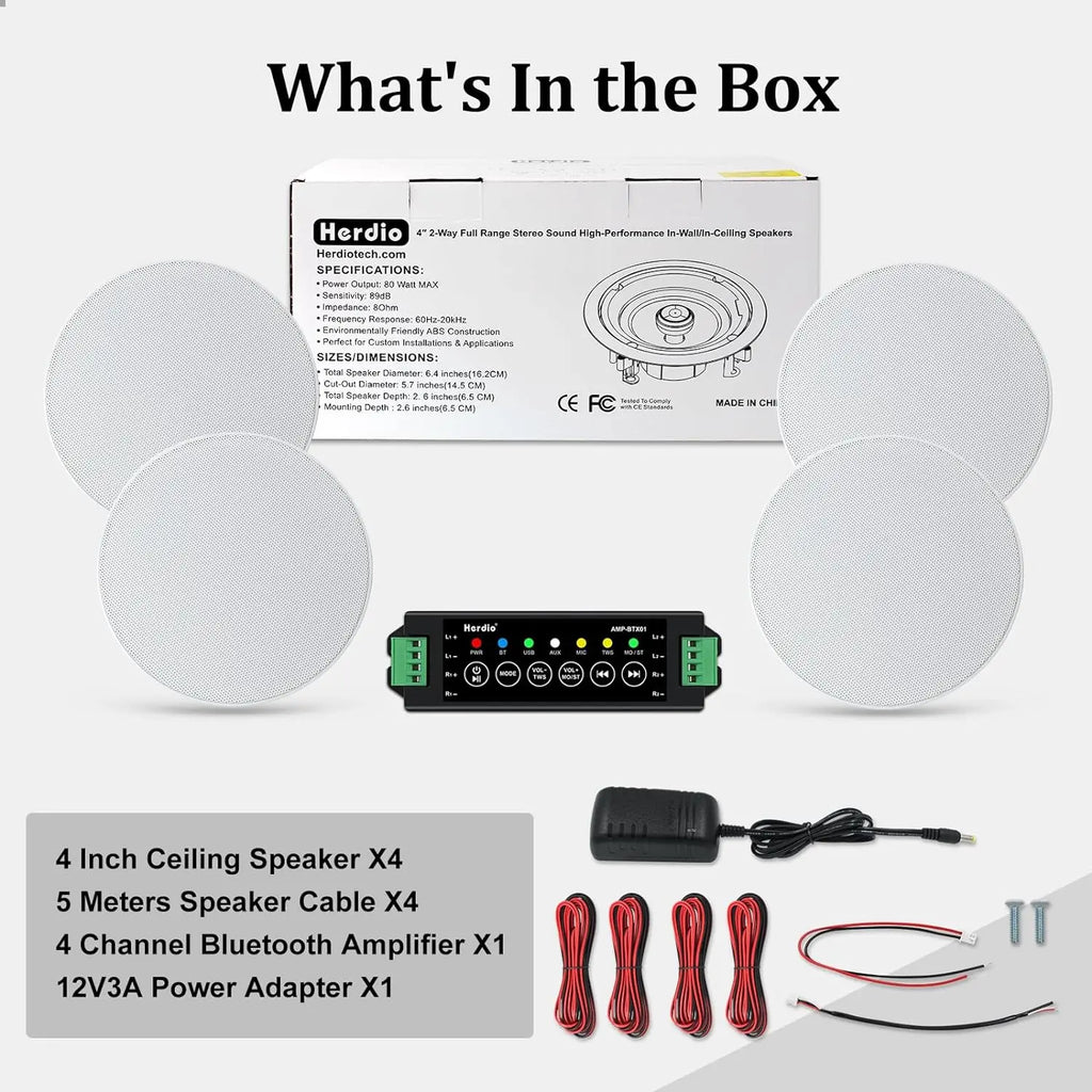 Herdio 4 " 320 Watts 2-Way Bluetooth Ceiling Speakers Package Perfect For Home Theater System Living Room Flush Mount 4 Speaker