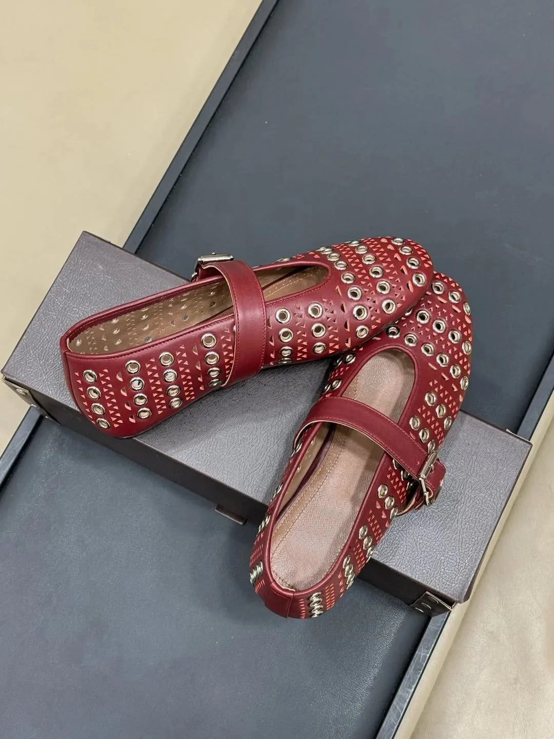 Women's Shoes Ballet Flats In Vienne Lambskin With Eyelets Classical Japonese Shoes Mary Jane