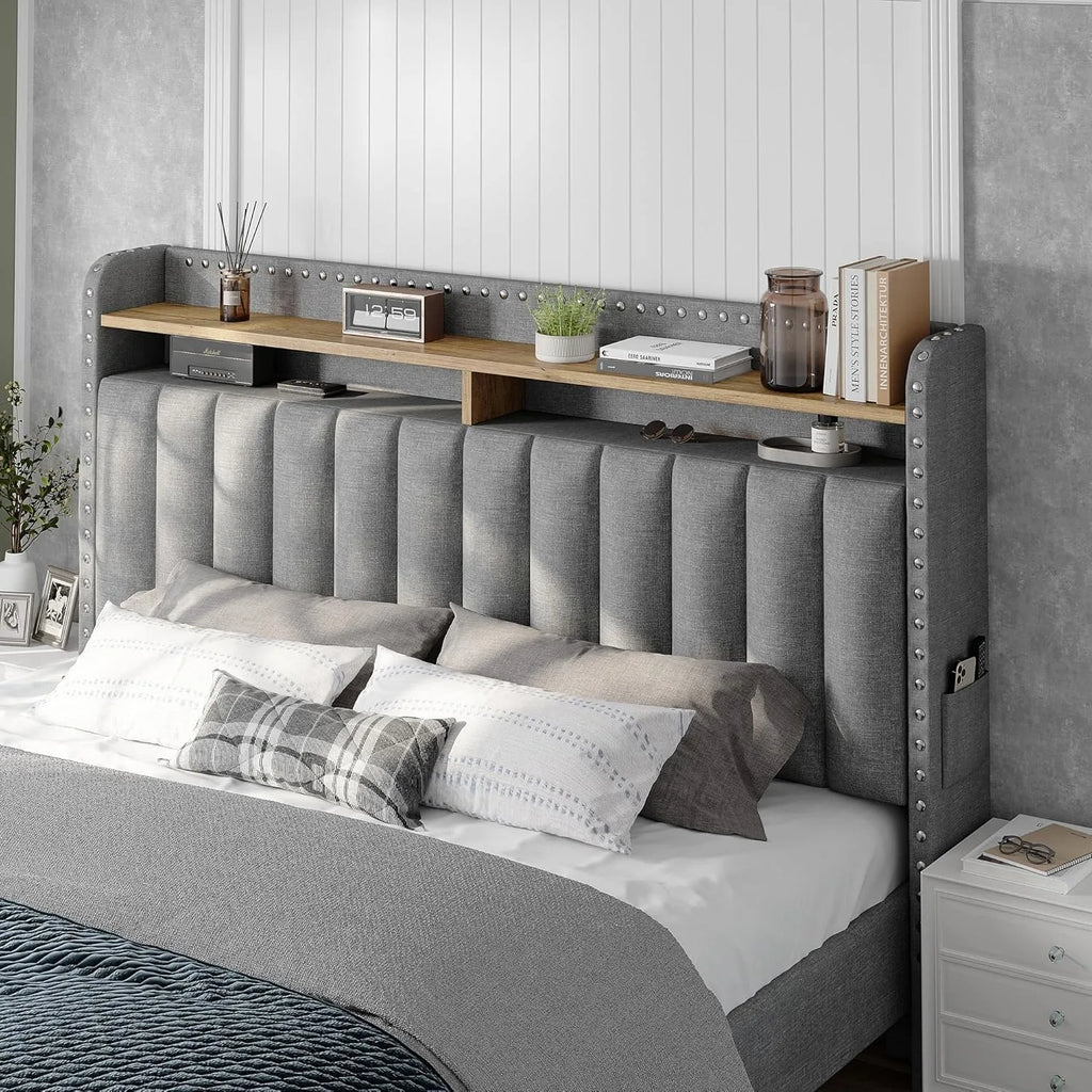 Full size bed frame with headboard and storage space, soft padded full bed frame, gray full bed frame with 2 drawers
