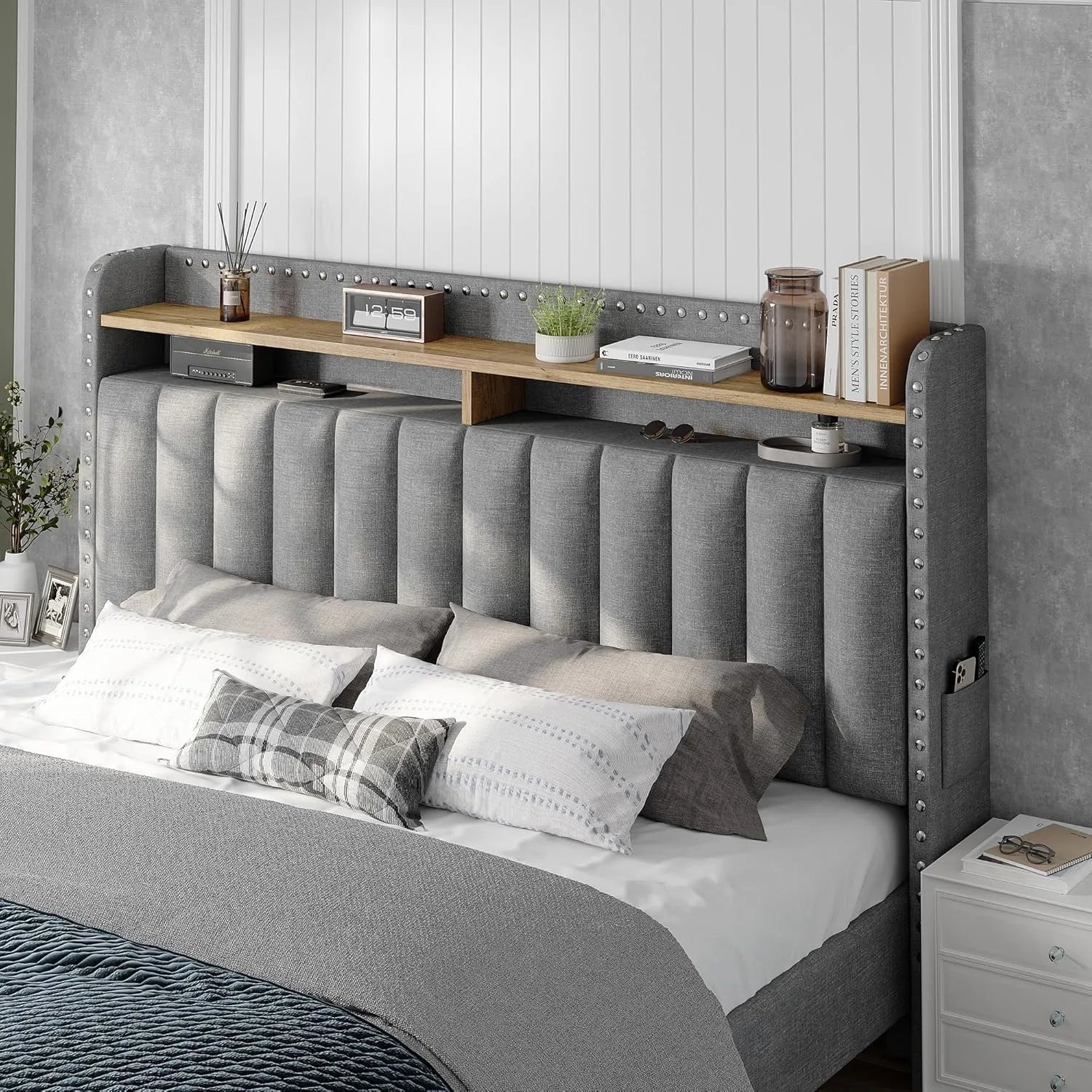 Full size bed frame with headboard and storage space, soft padded full bed frame, gray full bed frame with 2 drawers