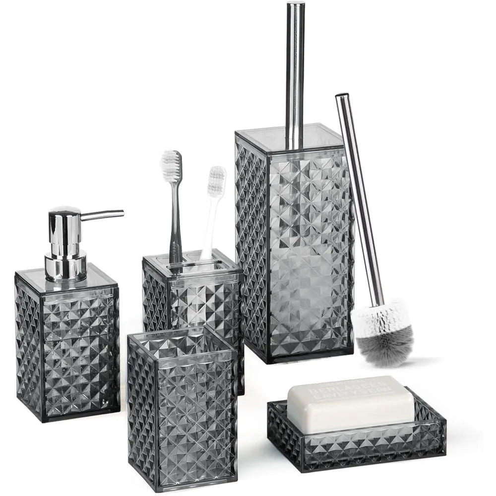 bathroom accessory set, grid pattern 5 pcs plastic bathroom set include toilet bursh, soap dispenser, soap dish, toothbrush hold