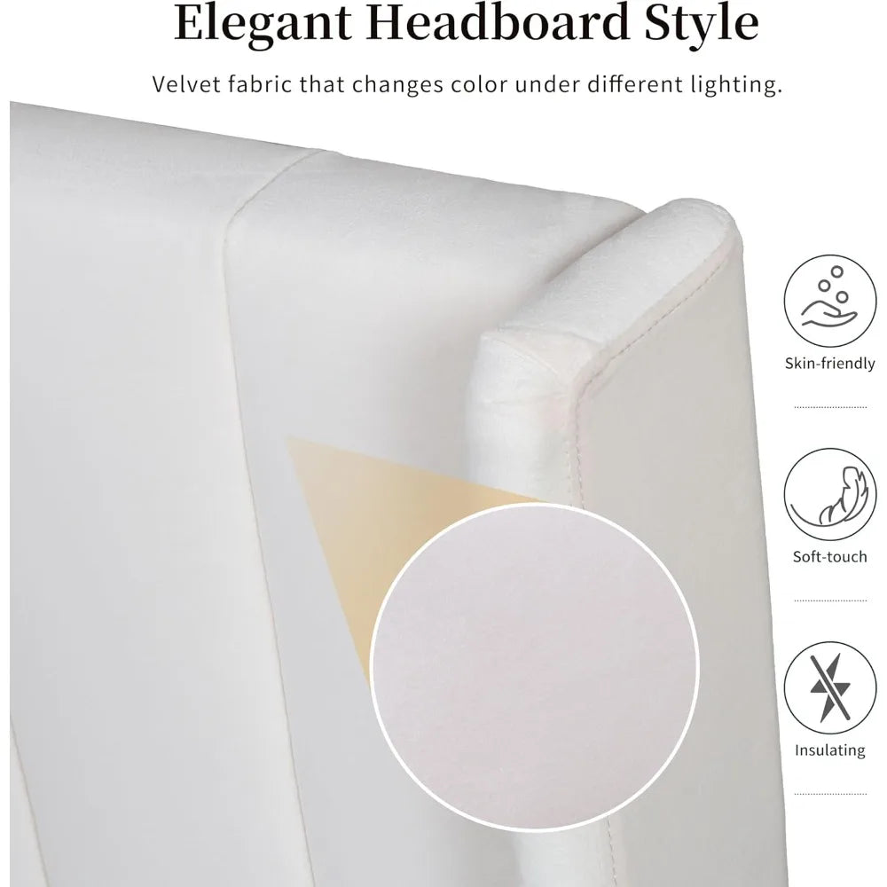 full size bed frame, velvet upholstered platform bed with vertical channel tufted wingback headboard, wooden slats support, no b