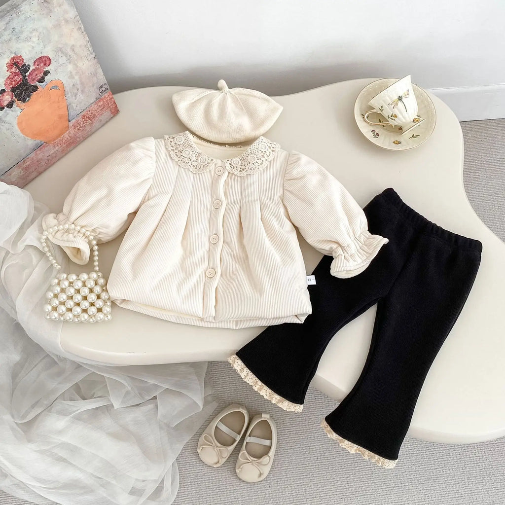 2025 Autumn Collection Girls' Velvet Bellbottom Pants with Western Style Lace Pants, Versatile Warm Baby Girls' Casual Pants