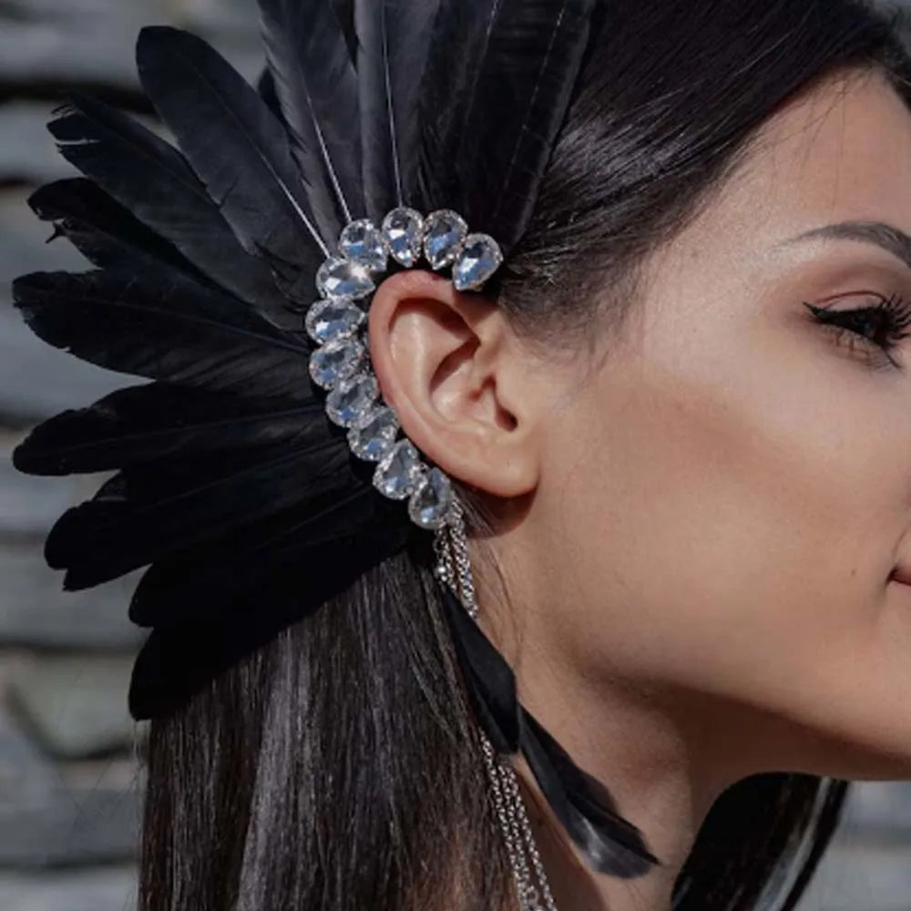 Stonefans Black Feather Ear Pinna Earrings 2024 Designer Trend Vintage No Piercing Accessories Ethnic Wedding Jewelry Dance Gift