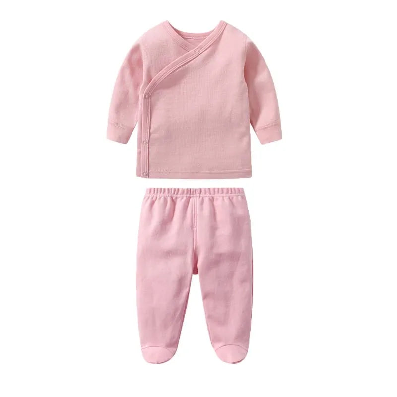 Baby Clothes Infant Boys Girls Set Long Sleeve Cotton Slanting Open Button T-Shirt Tops Solid Color Pants Spring Baby Outfits