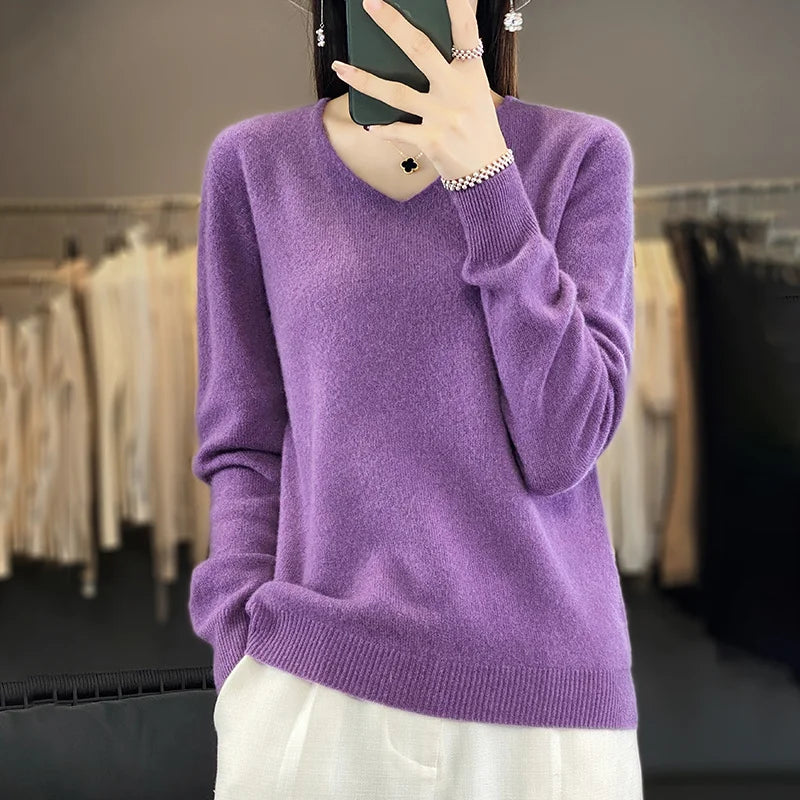 Sweater For Women 100% Merino Wool V Neck Sweater Fall Winter Basic Warm Pullovers Long Sleeve Soft Knit Jumpers Female Clothing