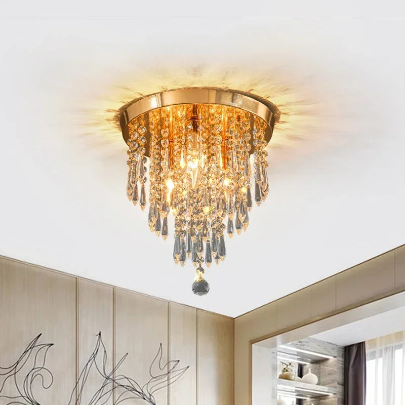 Golden Ceiling Light Hanging Crystal Ceiling Lamp for Home Decor Surface Mounted Bulb Replacable Indoor Lighting Fixture