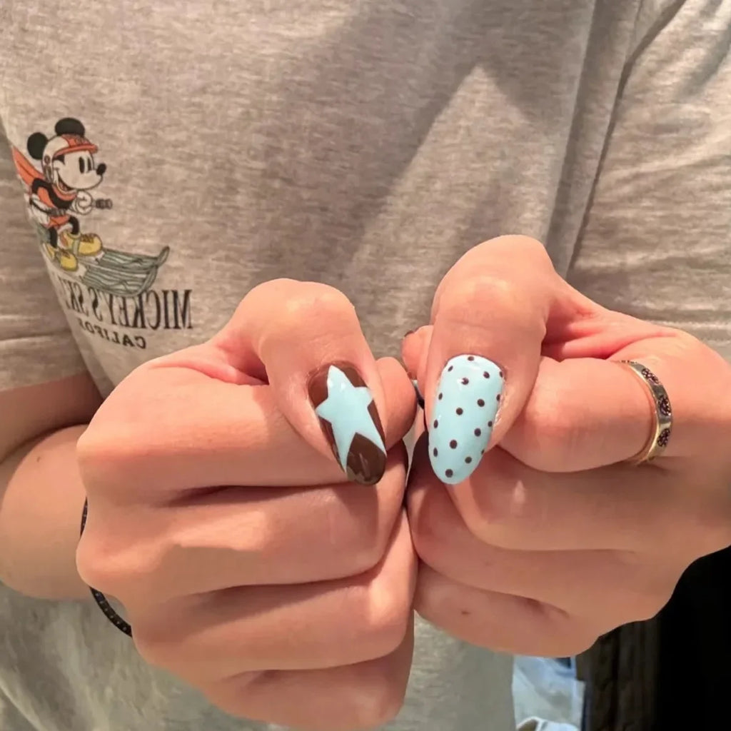 10pcs Handmade French Short Press On Nails Blue Brown Polka Dot Bow Star Design Fake Nail Wearable Nail Art Tips for Girls
