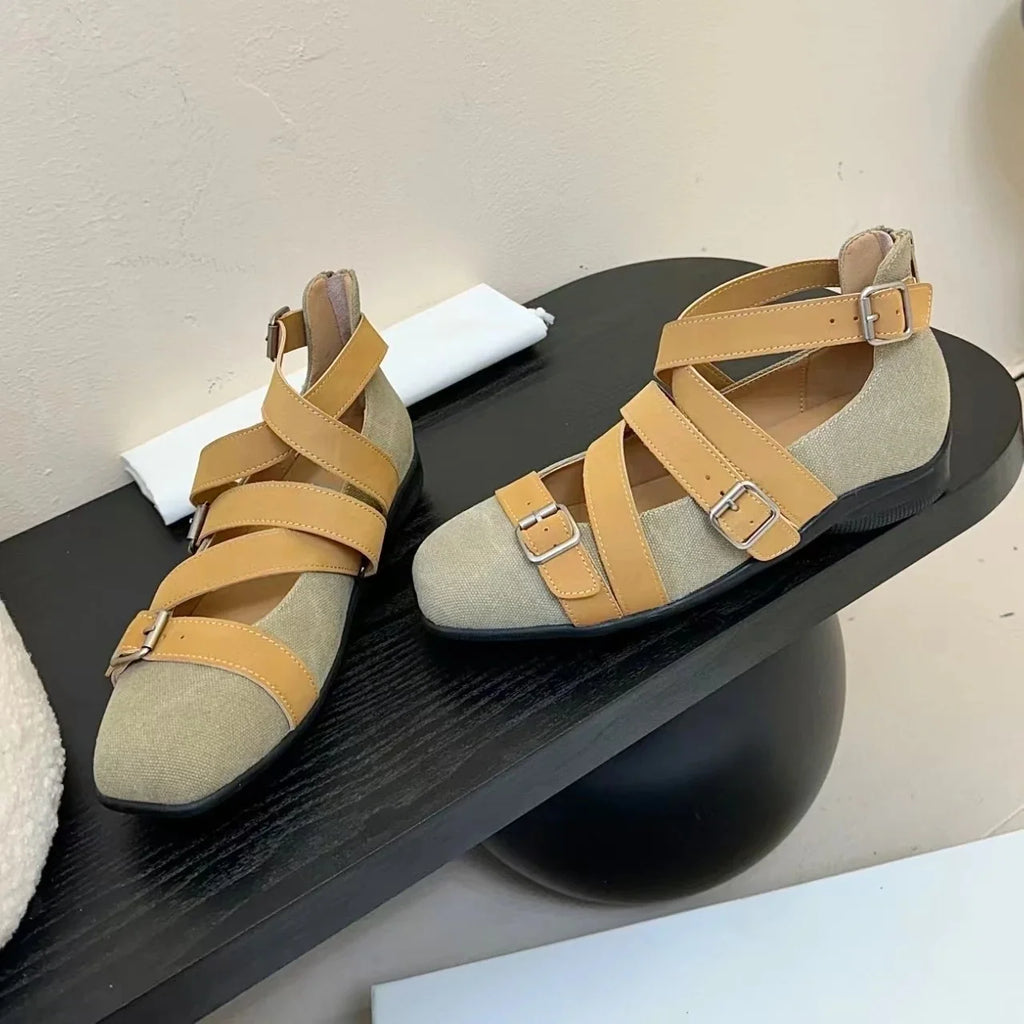 2025 Newest Retro Real Leather Square-Toe Flat Heel Ballet Dance Shoes Buckle-Strap Mary Janes Gladiator Sandals Bota Feminina