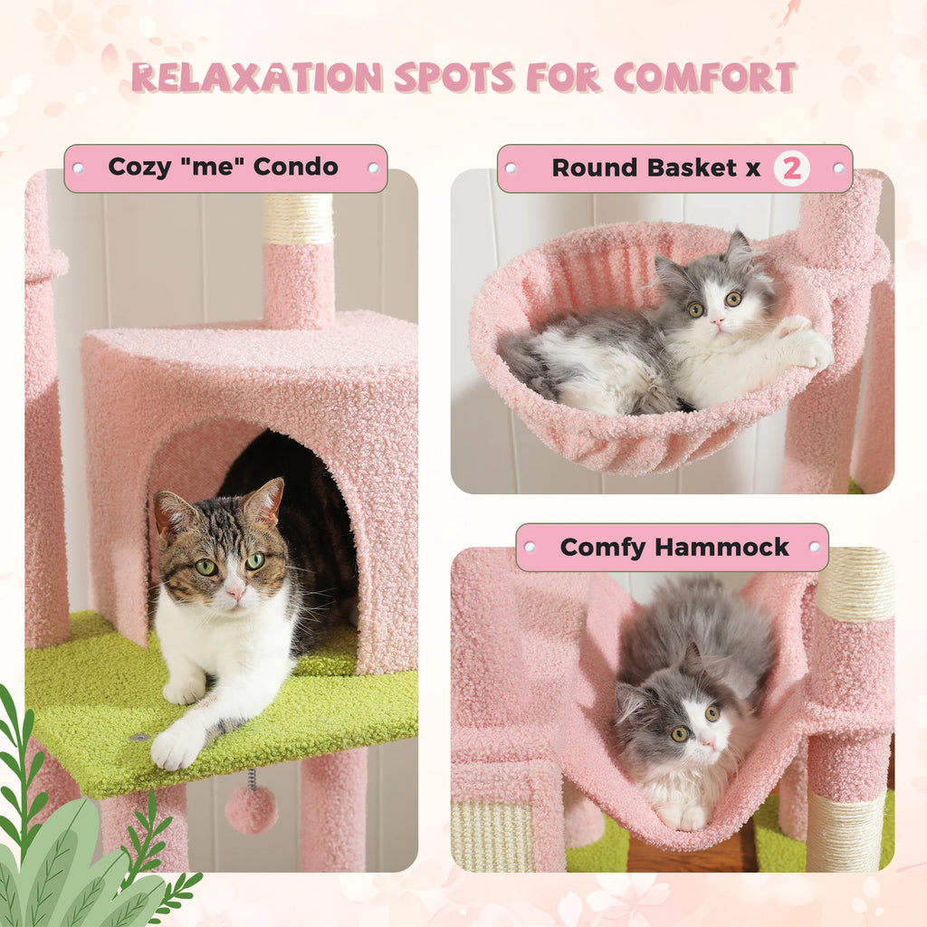 Tall Cat Tree with Adjustable Height Floor to Ceiling Cat Tower with Scratching Posts Soft Hammock Cat Condo for Indoor Cat Toys