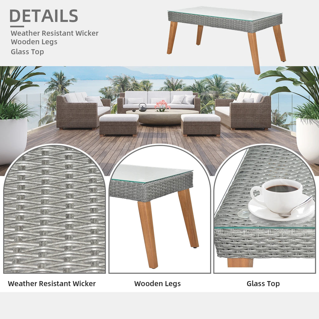 4 Piece Outdoor Patio Furniture Set, Resin Rattan and Acacia Wood Chairs Conversation Furniture Set with Soft Cushions Grey