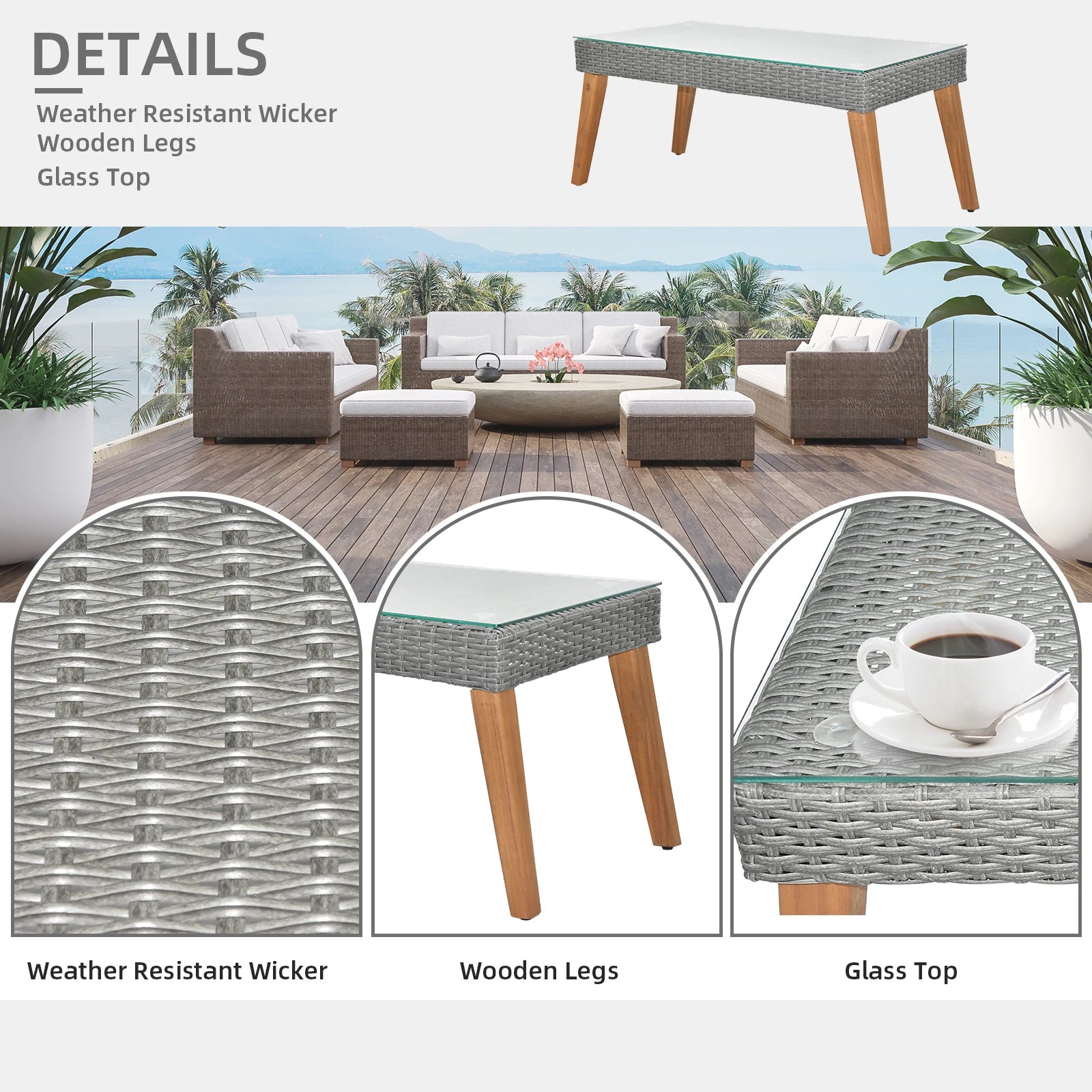 4 Piece Outdoor Patio Furniture Set, Resin Rattan and Acacia Wood Chairs Conversation Furniture Set with Soft Cushions Grey