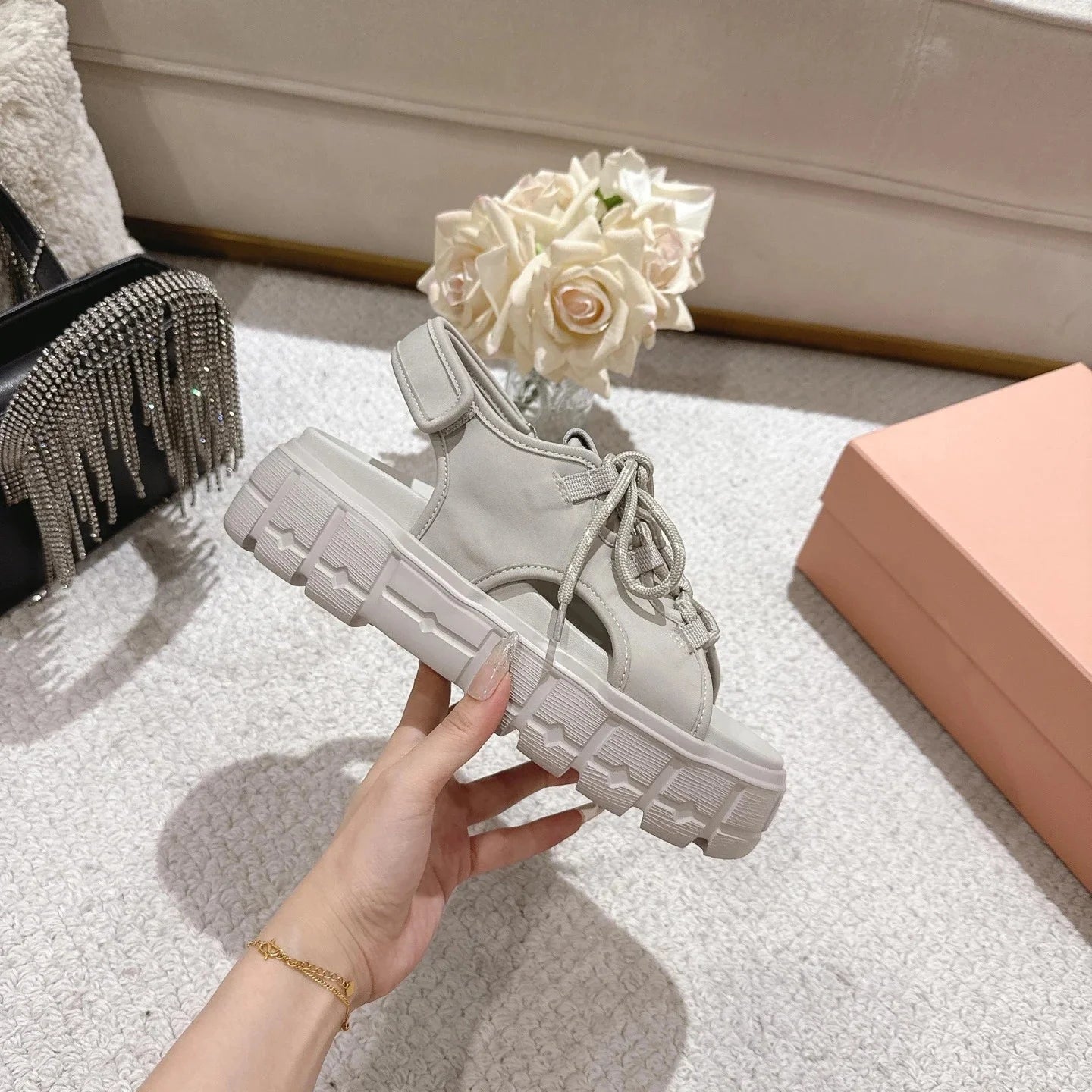 Shoes Women Size35-41 Genuine Leather Sandals Super High Heels Flat Platform Pumps Pleated Designer Shoes Zapatillas De Mujer