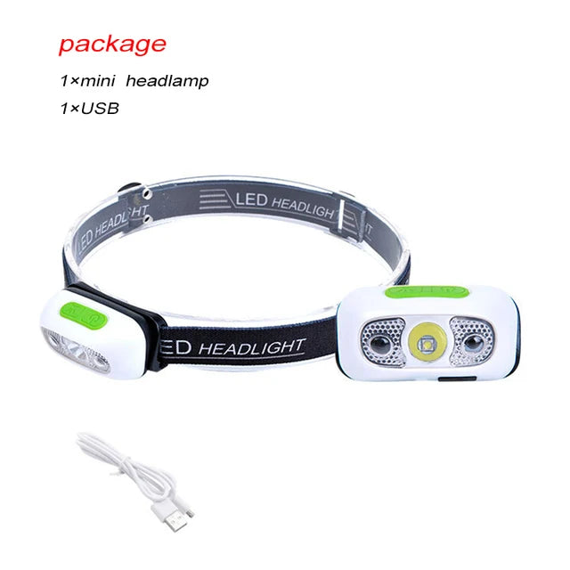 Mini Headlamp USB Rechargeable Head Light with Wave Sensor Flashlight Outdoor Lighting Lamp for Camping Hiking Emergency Usage