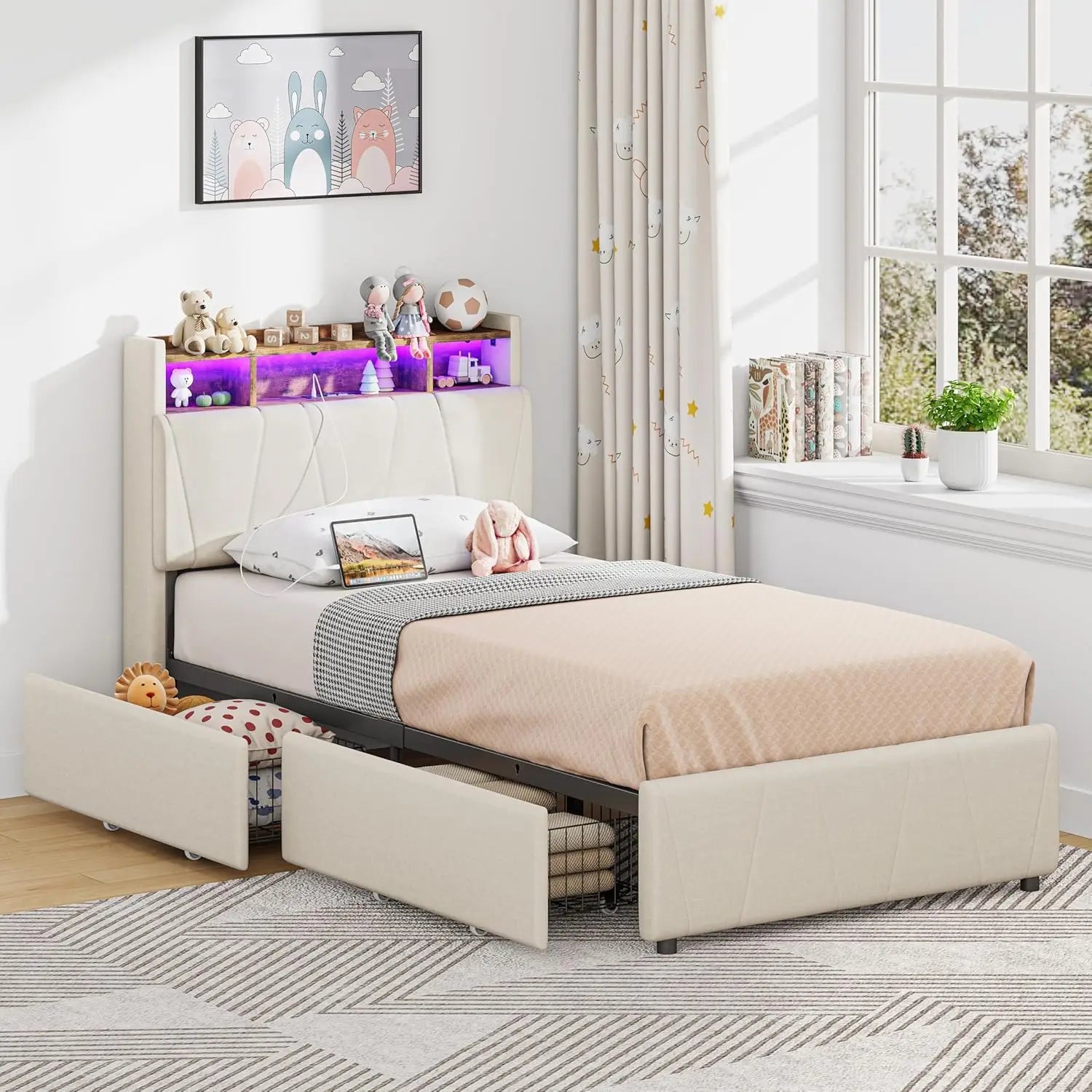 LED Twin Size Bed Frame with 2 Storage Drawers, Charging Station & LED Lights, No Box Spring Needed, Easy Assembly, Bed Frame