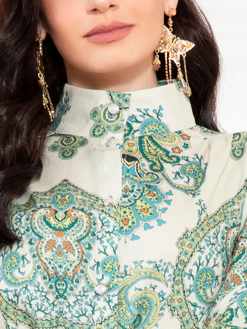 Elegant style High collar Flowers Belt Shirt sleeve Mid Long Dresses Mint green Dresses