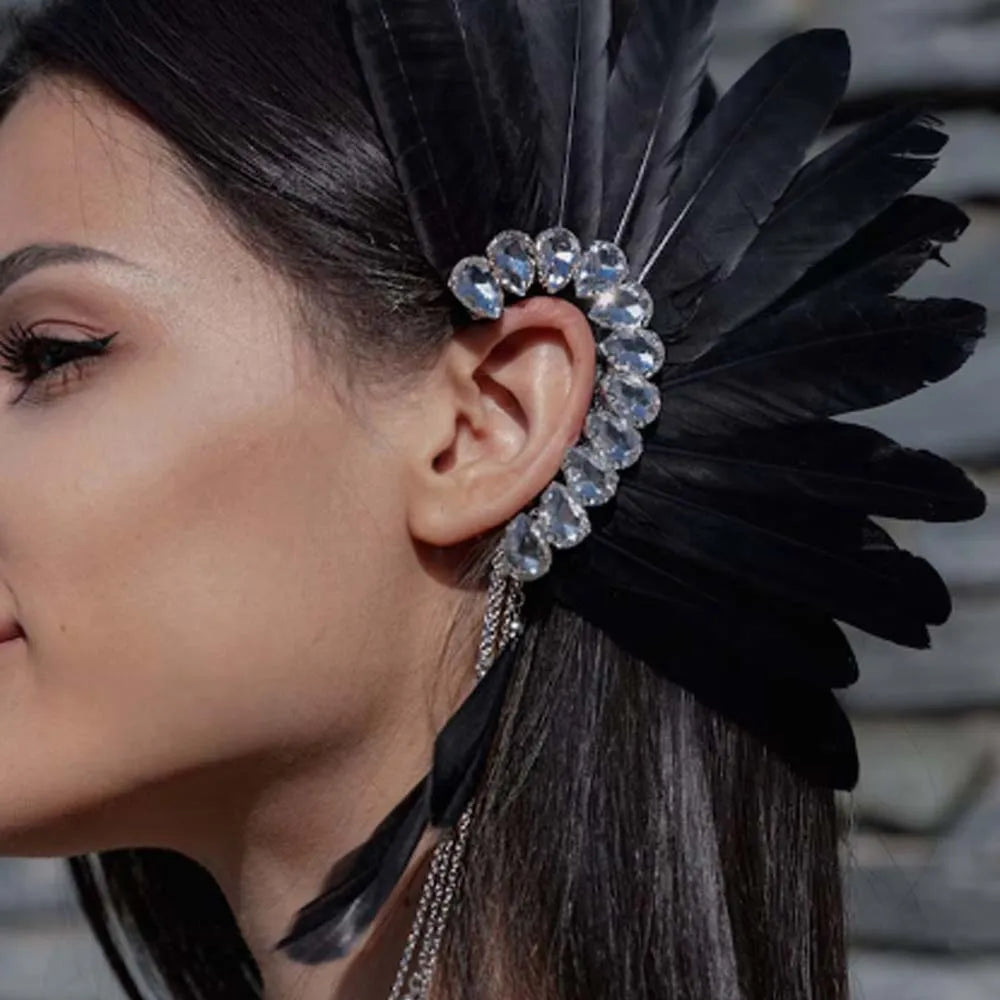Stonefans Black Feather Ear Pinna Earrings 2024 Designer Trend Vintage No Piercing Accessories Ethnic Wedding Jewelry Dance Gift