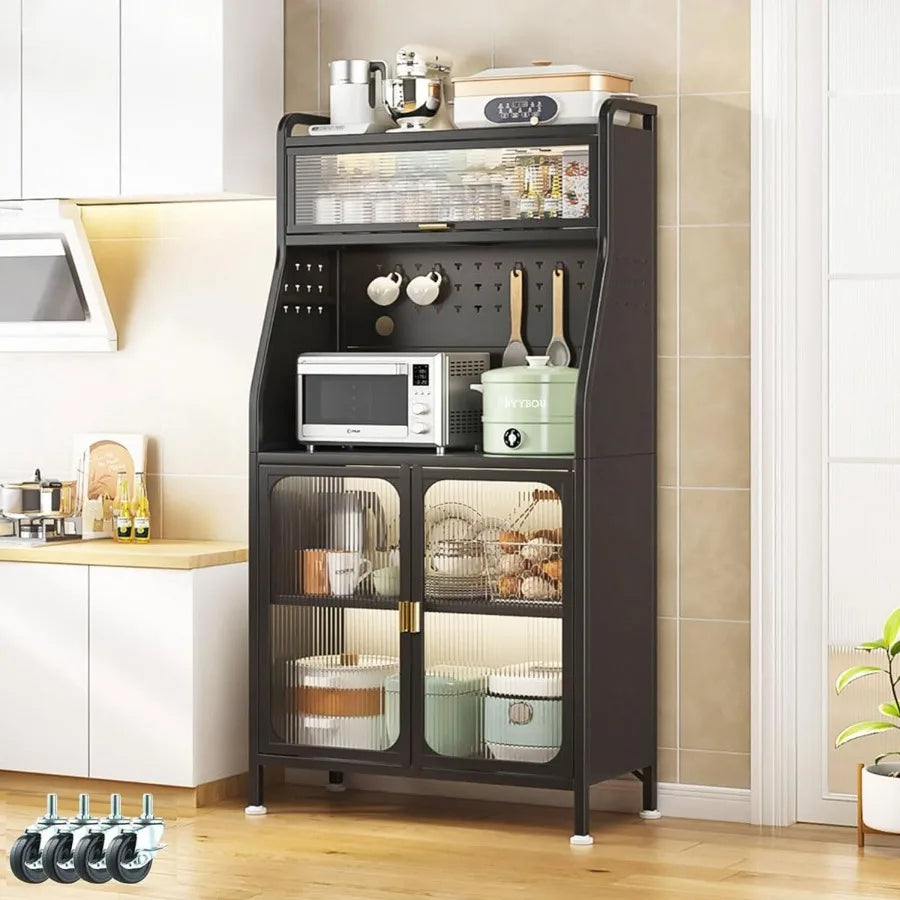 Bakers Rack with Storage Kitchen Storage Hutch Cabinet with Doors and Wheels Freestanding Microwave Stand with Adjustable Shelf