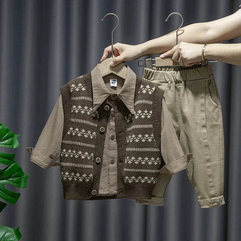 Baby Boy Clothing Suit 2024 Spring Autumn Knitted Sleeveless Sweater Vest + Shirts + Pants Boys Outfit Kids Set