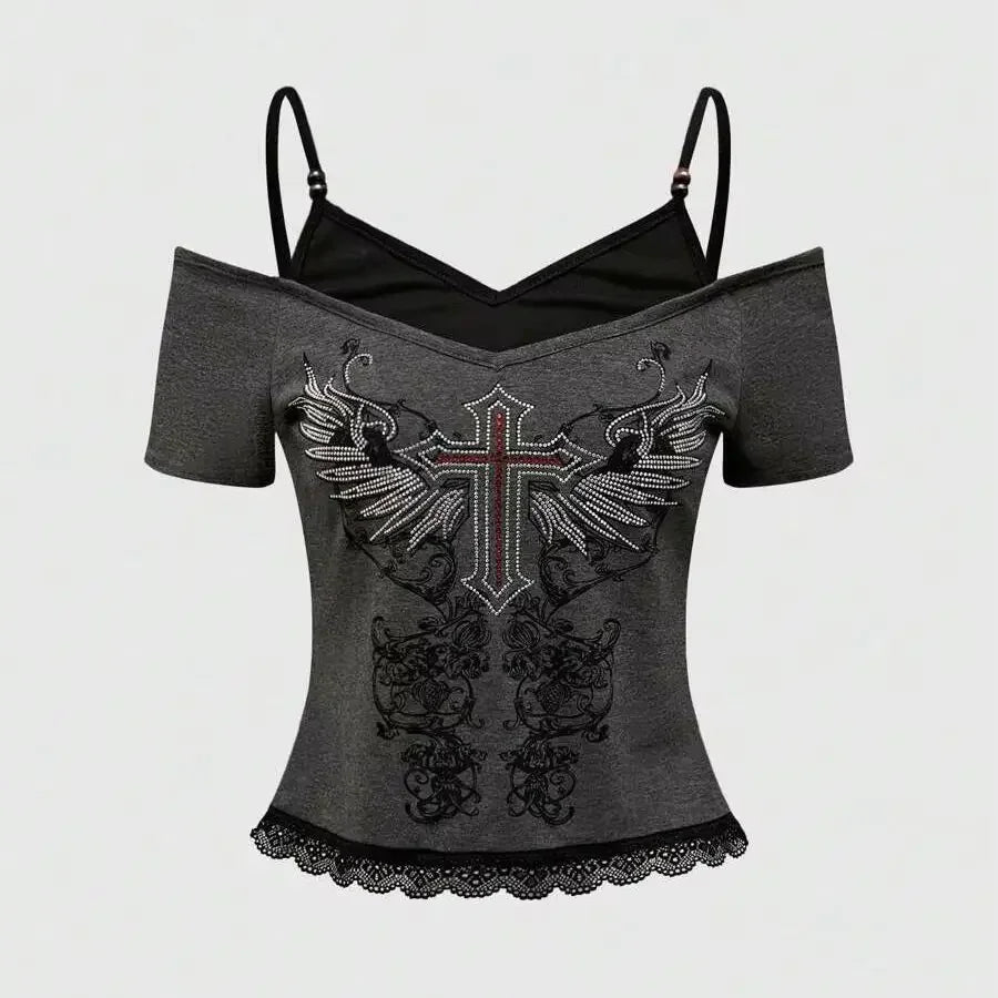 Vintage Fake two items Graphic Women Harajuku Y2k Aesthetic 2000s Oversized Sexy Off Shoulder Short Sleeve T-shirts Grunge